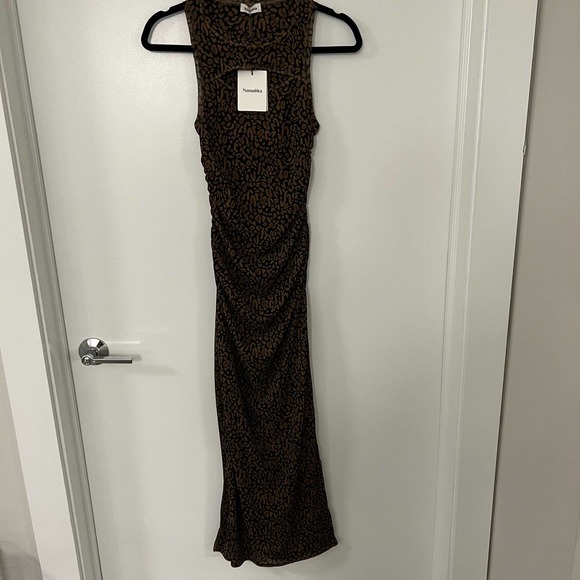 ❌SOLD❌ Nanushka $364 Black Brown Rilo Cutout Ocelot Ruched Midi Dress Size Smal - Picture 4 of 8